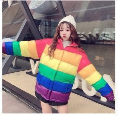 New women stand collar rainbow striped down jacket fashion