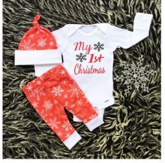 Newborn Infant Baby Boys Clothes Long Sleeve White My First Christmas Bodysuit