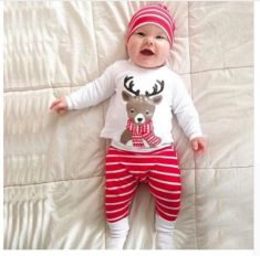 FASHION Newborn Baby Boy Christmas Deer Print Tops+Pant+Cap Outfits Clothes Set