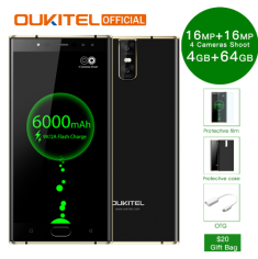 Oukitel K3 Mobile Phone MT6750T Octa Core 4GB+64GB 5.5" Dual 2.5D Screen 6000mAh 4 Cameras 16MP+2MP Front Fingerprint Smartphone