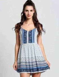 Women Casual Strap Backless Print Beach Dress