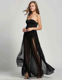 Women Strapless Empire Waist Chiffon Maxi Long Dress