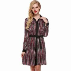 Finejo Women Long Sleeve Stripe Loose Casual Shift Dress With Belt