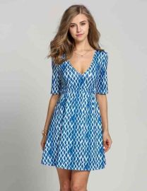 Fashion Women Deep Medium Sleeve Print Dress