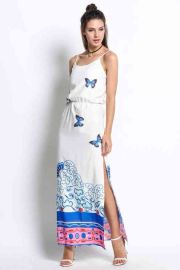 Summer Women Spaghetti Strap Side Slit Casual Print Long Maxi Dress