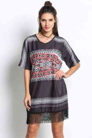 Women's Medium Sleeve Print Casual Loose Tassel Dress