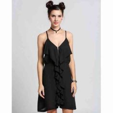 Women Fashion V Neck High Waist Solid Zip-up Ruffle Chiffon Short Dress