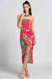 Fashion Women Strapless Print Side Slit Bodycon Midi Dress