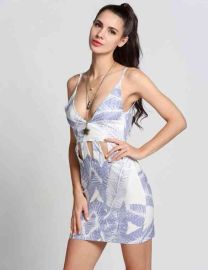 Women's Strap Print Hollow Out Backless Mini Dress