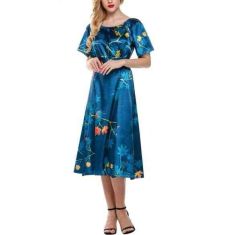 Women Short Sleeve Leaf Print Long Casual Party Dress With Belt