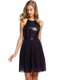 Women Ladies Sundress Sequins Chiffon Patchwork Slim Dress With Nacklace