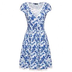 Women Cap Sleeve Floral Pleated Dress Lace Decor Elastic Waist Party Slim Mini Dress