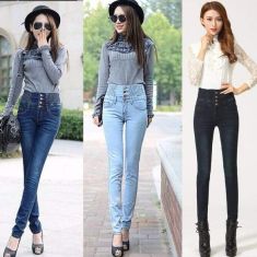 Women Elastic Waist High Waist Skinny Long Pencil Pants Jeans