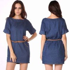 Women's Casual Washed Jean Skirt Loose Denim Dress +Belt XS-L