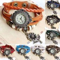 Quartz Sunflower Weave Wrap Synthetic Leather Bracelet for Women