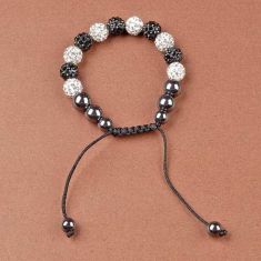 Women Rhinestone Hematite Weaving Rope Round Ball Bracelets
