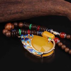 Cloisonne enamel peacock vintage necklace pendants ,sandalwood Buddha beads necklace