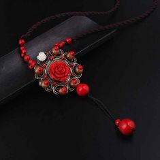 new fashion ethnic necklace,lapis rose flowers pendants necklace vintgae jewelry red glass stones sweater necklace