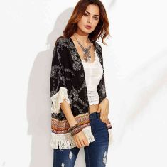 Bohemia Clothing Large Size Blouse Print Kimono Beach Sunscreen Tassel Cardigan Fringe