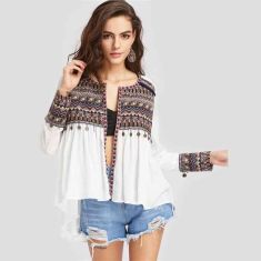 Boho Blouses for Women Embroidered Yoke and Cuff Coin Kimono