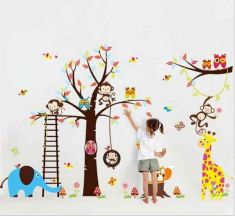 large size animal wall stickers for kids room decorations monkey owl zoo cartoon decals wall art diy children sticker zooyoo1213