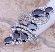 Black Sapphire White Topaz 925 Sterling Silver Overlay Ring For Women