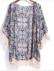 Blue Half Sleeve Vintage Floral Loose Tassel Cardigan Kimono Free Size