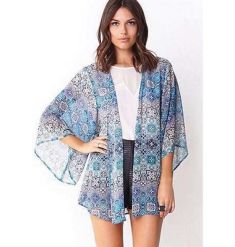 Woman Blue Long Sleeve Shirt Chiffon Kimono