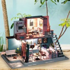 iiecreate K-034 Pink Cafe House 30*19*22CM DIY Doll House With Furniture Light Cover Gift Toy