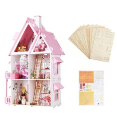 Iiecreate Large Wooden Kids Doll House Kit Girls Play Dollhouse Mansion Furniture
