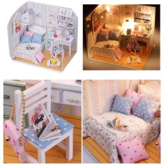 Hoomeda DIY Wood Dollhouse Miniature With LED Furniture Cover Doll House Room