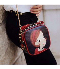 Women Synthetic Leather Rivet Decorated Character Pattern Shoulder Bag