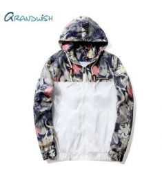 Floral Jacket Autumn Mens Hooded Jackets Slim Fit Long Sleeve Homme Trendy Windbreaker Coat