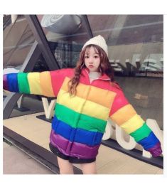 New women stand collar rainbow striped down jacket fashion