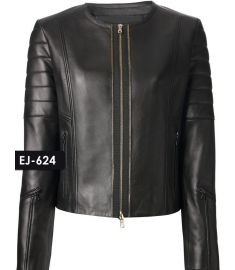 WOMEN'S GENUINE LEATHER COLLARLESS BIKER JACKET (REJ-624)-Large